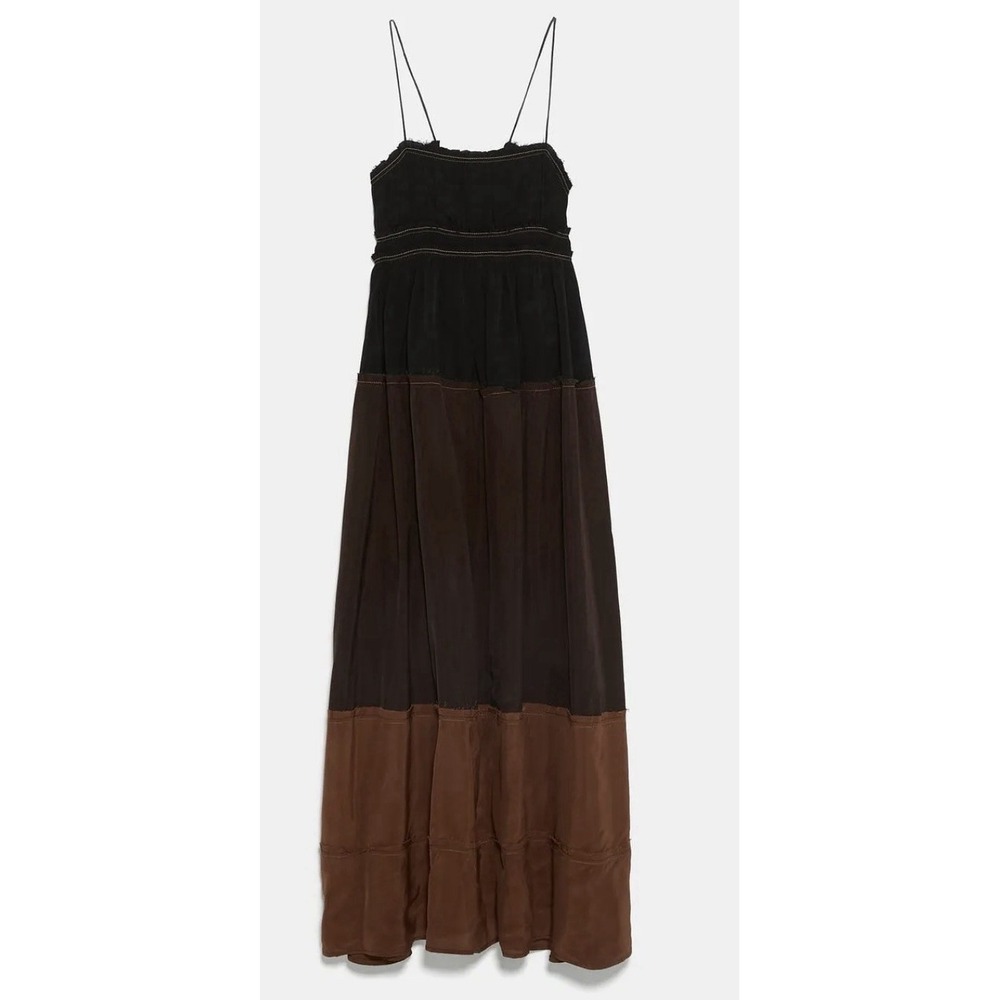 Zara Desert Collection 2019 Colorblock Dress Maxi Slip Bohemian Size Small Brown - Picture 3 of 13